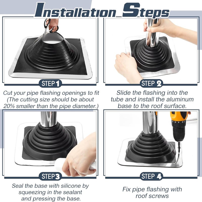 Yaocom #3 Metal Roof Vent Boot Chimney Flashing Roof Jack Pipe Vent for Pipe Diameters 1/4-5-3/4 Sleeve Square Base Epdm Stove(8 Pcs,8 Inch) - Image 5